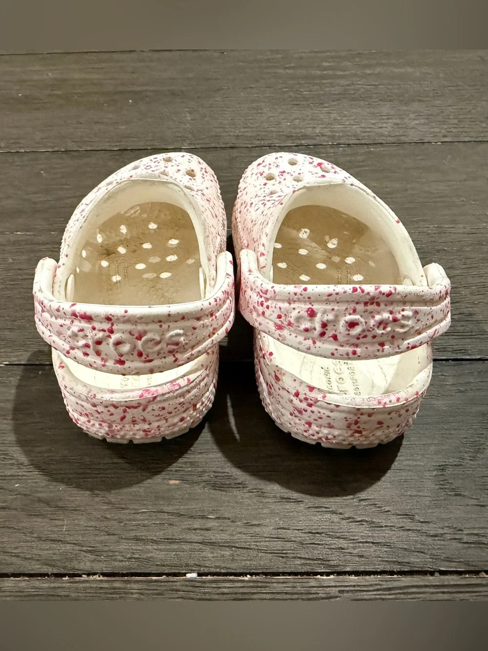 CROCS Kids White Clogs with Pink Speckle Pattern